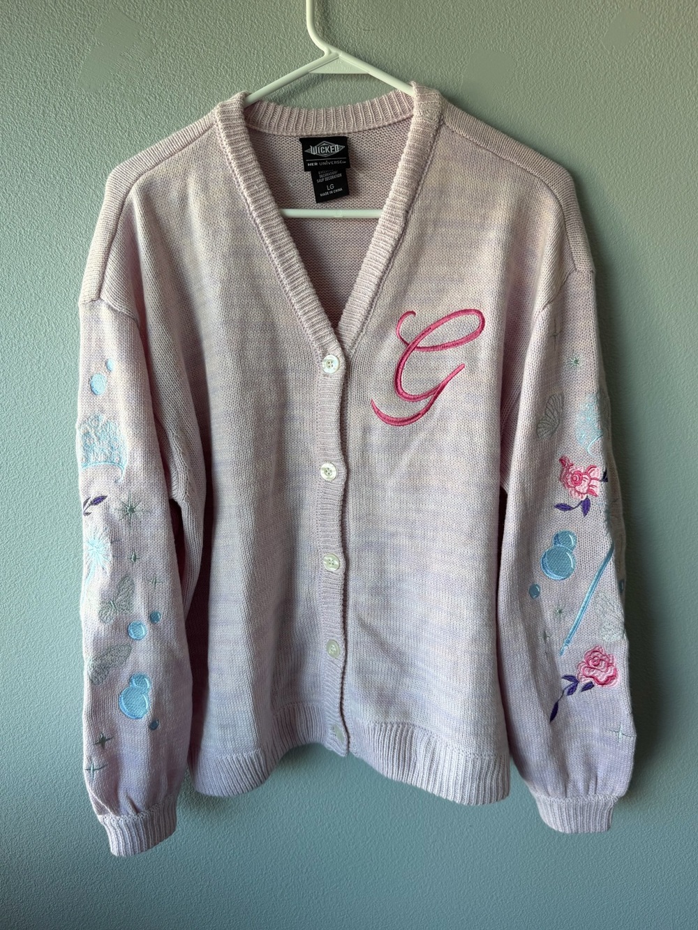Wicked Her Universe pink purple embroidered Glinda monogram cardigan size L